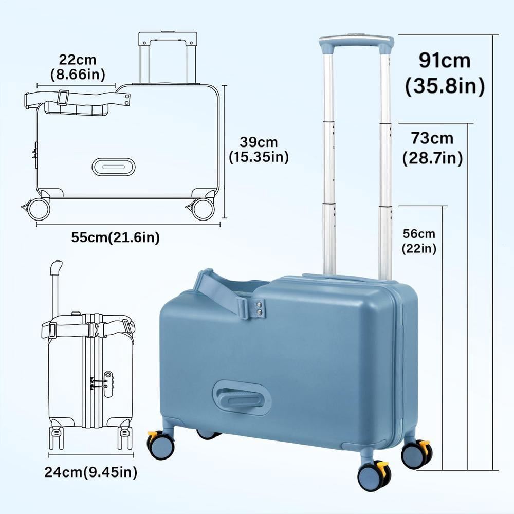Kids Ride on Suitcase 20 Inch, Childrens Travel Carrier Cabin Case with Foot Pedal Spinner Wheels and Safe Harness Stroller for Boy Girl Travel(Blue)