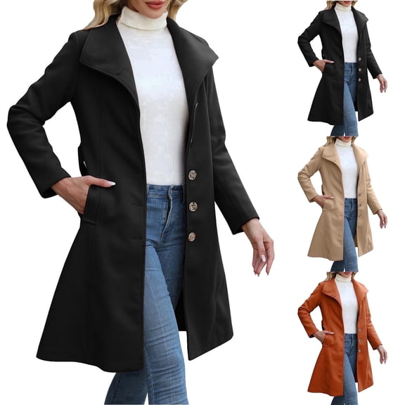 Hinvhai Fall Coats for Women Single Breasted Trench Coat Mid Long Classic Lapel Windproof Slim Tops Khaki XL(XL)