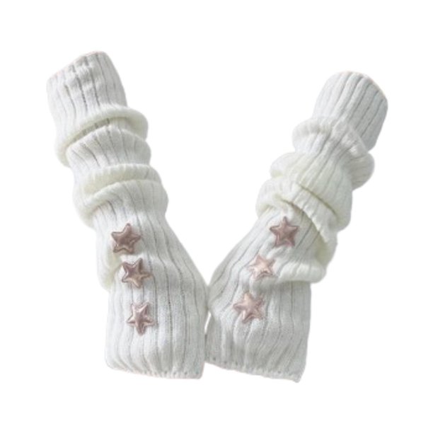 Calentadores de brazos para clima frío, mitones de punto para invierno, mangas de punto, guantes de punto blanco con estrella