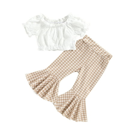 

Qtinghua Toddler Baby Girls Summer Clothes Short Sleeve Crop Top T-Shirt Plaids Bell Bottoms Flared Pants Outfits
