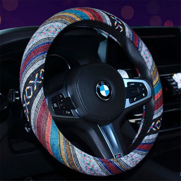 1 pieza (tipo D, aproximadamente 38 cm) Funda de volante de estilo étnico, funda de volante de tela de lino bohemio, funda de volante étnica universal para automóviles, SUV, furgonetas y camiones