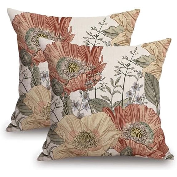 Vintage Flower Throw Pillow Covers 16x16 Brown Rust Colored Floral Botanical Pattern Decorative Pillows Outdoor Linen Farmhouse Cushion Case Country Pillowcase for Sofa Bed Room Decor Set of 2