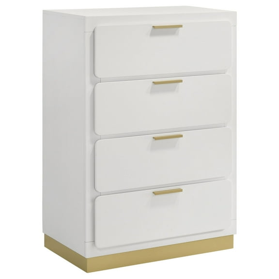 Benjara Caer Tall Dresser Chest, 4 Drawers, Recessed Base, Bar Handles, White, Gold