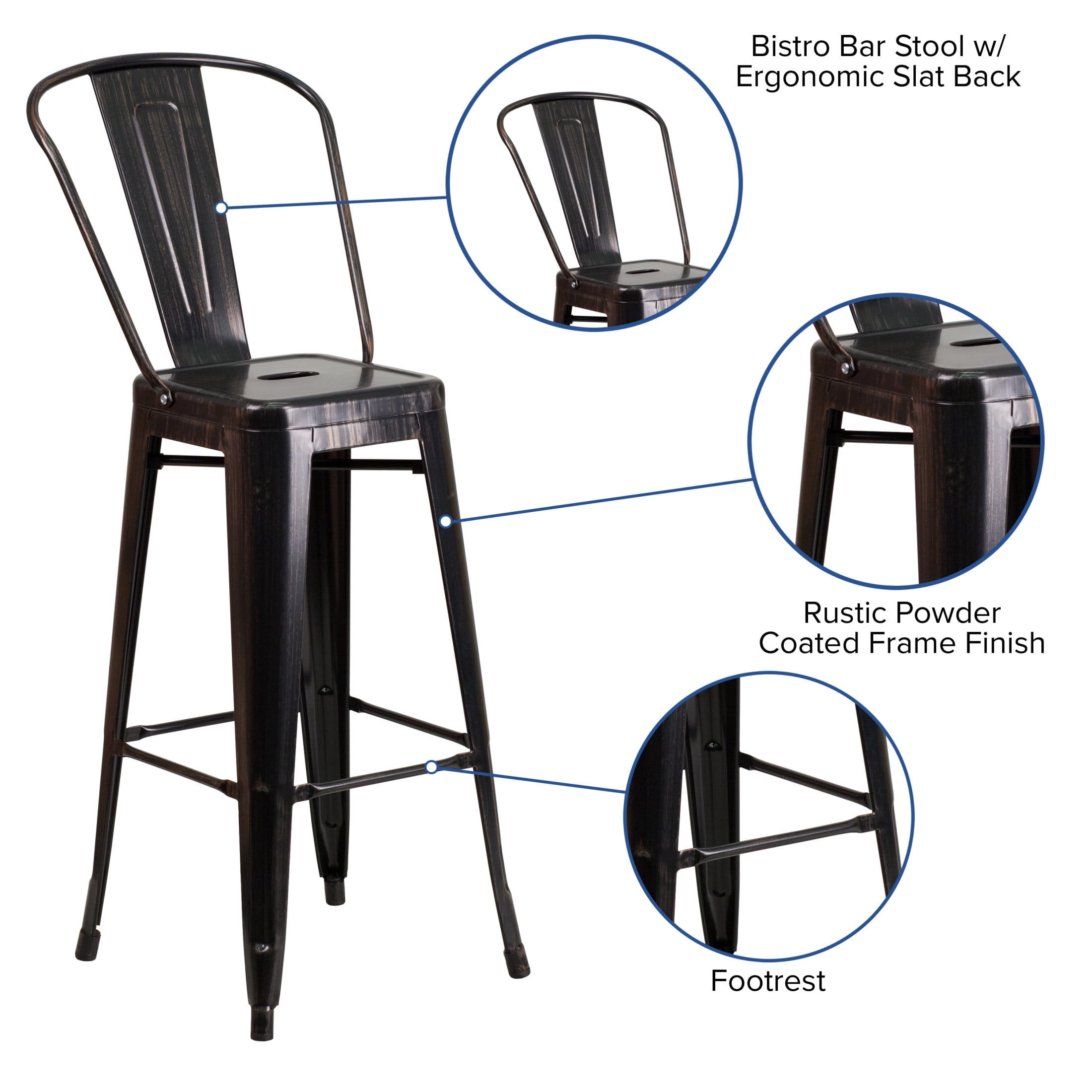 Merrick Lane Black-Antique Gold 30" High Metal Bar Height Stool with Removable Back for Indoor-Outdoor Use
