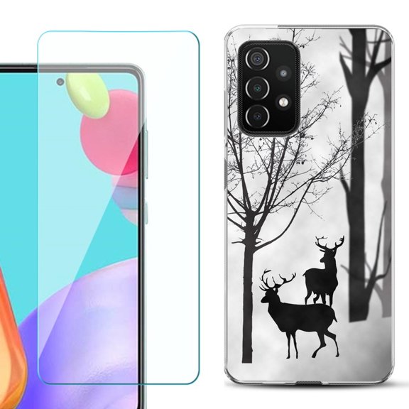 Slim-Fit Flexible Gel TPU Phone Case compatible with Samsung Galaxy A52 5G, with Tempered Glass Screen Protector, by OneToughShield ® - Forest Deer