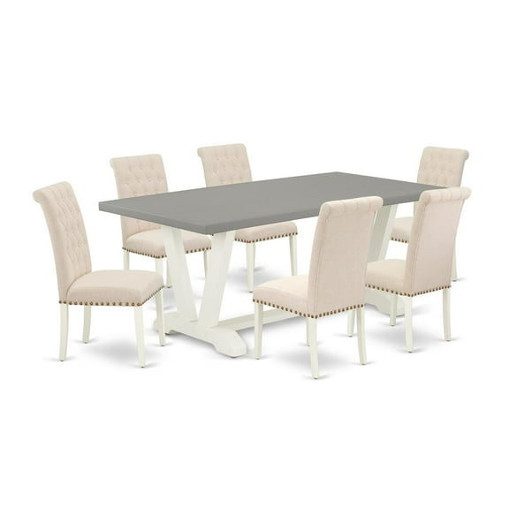 East West Furniture V-Style 7-piece Dining Table Set in White/Light Beige/Cement
