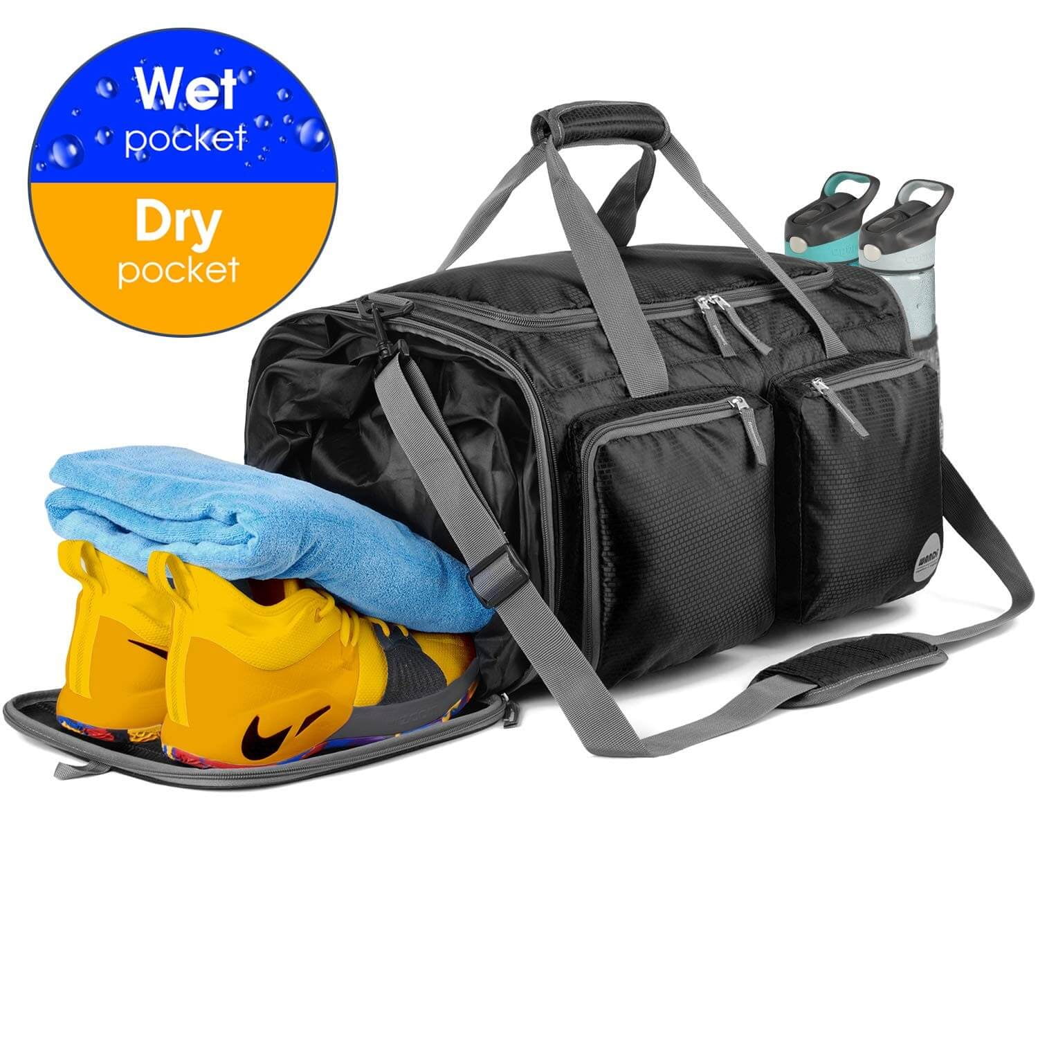 WANDF Foldable Sports Gym Bag with Wet Bag & Shoes Compartment Travel Duffel Bag Mens Womens ...