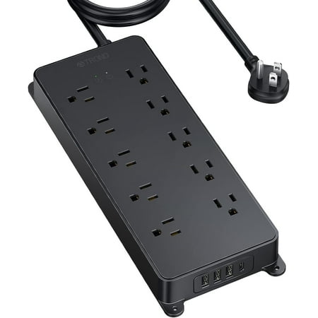 TROND Surge Protector Power Strip with USB C, 15ft Long Extension Cord Multi Plug Outlets, 2 USB-A and 2 USB-C 10 AC Multiple Outlets, ETL Listed, Black