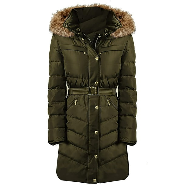 Michael Kors Women's Dark Moss Down coat - Imported Womens Long Winter Coat  - Faux Fur Hooded Women down Coat - Women Winter Coat with Adjustable Belt  & 2 Front Zip Pockets 