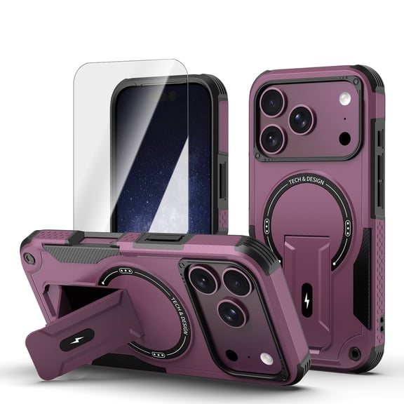 Dteck Magnetic Case with Tempered Glass Screen Protector for iPhone 18 Pro Max, Shockproof TPU PC Case Compatible with Mag Safe Built-in Kickstand Cover,Cherryred