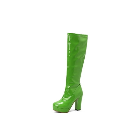 

GENILU Women Anti Slip Fashion High Heeled Boot Chunky Heel Knee Platform Boots Wedding Patent Leather Shoes Green 5.5