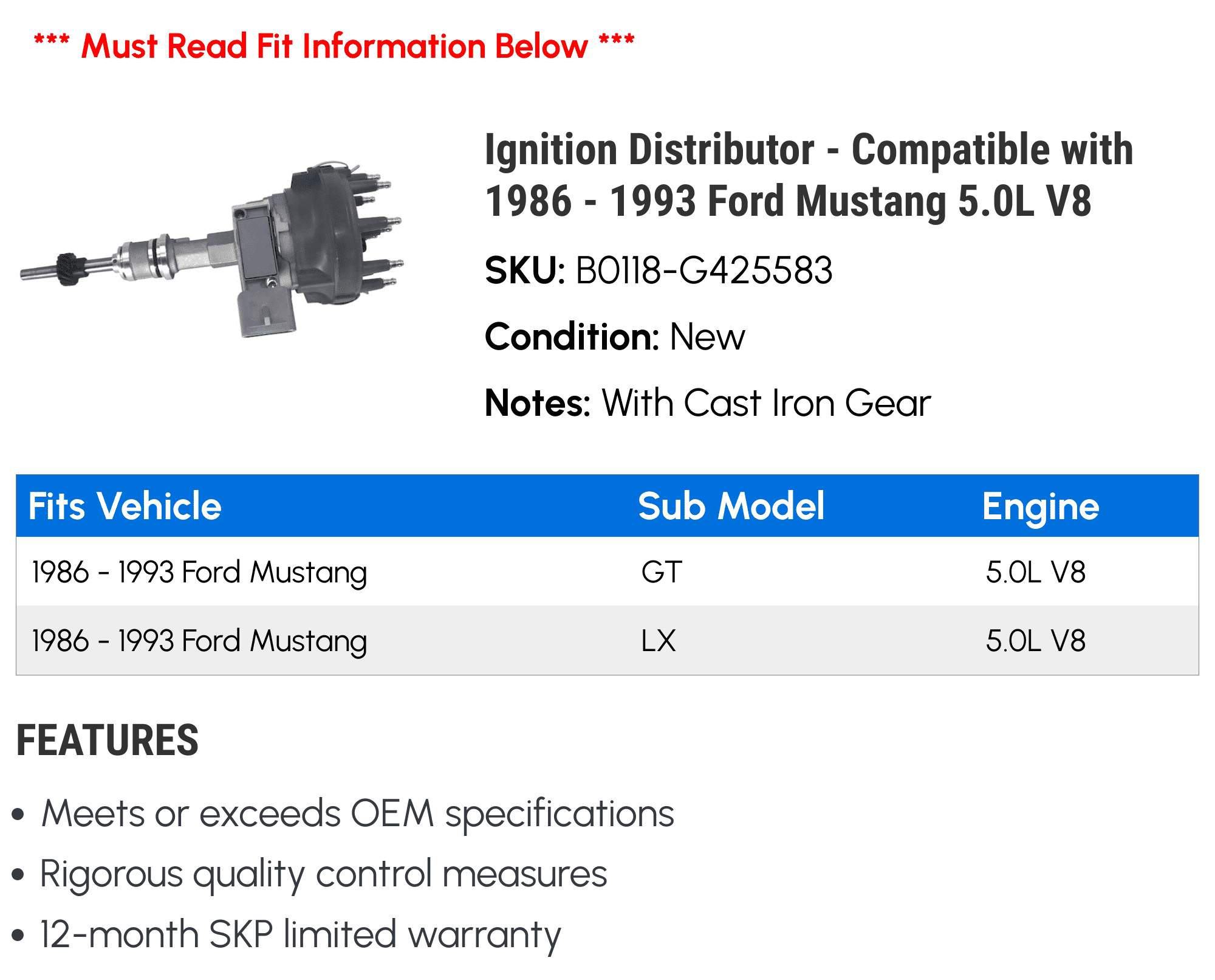 Ignition Distributor - Compatible with 1986 - 1993 Ford Mustang 5.0L V8 1987 1988 1989 1990 1991 1992