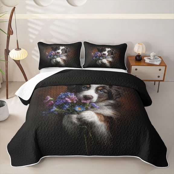 Homewish Kawaii Dog Twin Quilt Set,Purple Daisy Floral Twin Coverlet Set,Pet Lover Decor,2-Piece