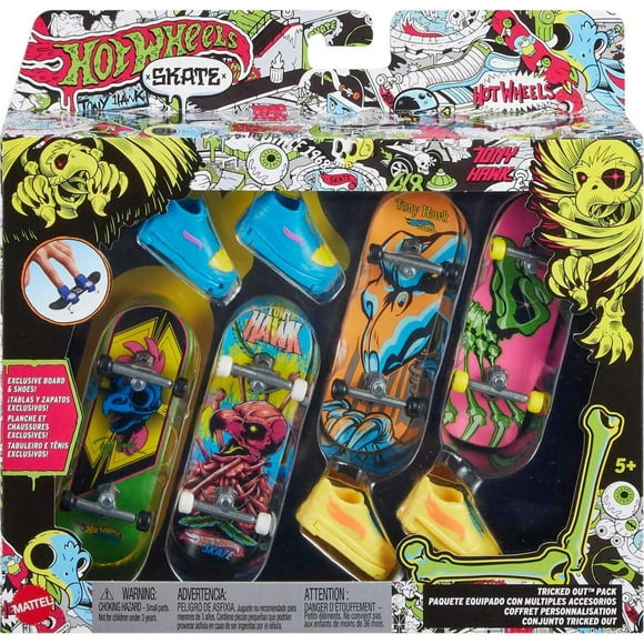 Hot Wheels Skate Neon Bones Tony Hawk-Themed Fingerboard and Shoes Finger Skateboard and Removable Skate Shoes Designed in Collaboration with Tony Hawk