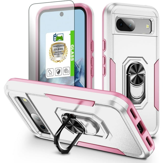 KOMI pour Google Pixel 8a, Étui avec Protecteur d'Écran, Béquille Anneau Réglable à 360 Intégré, Protection Militaire, Armure Antichoc - Vert