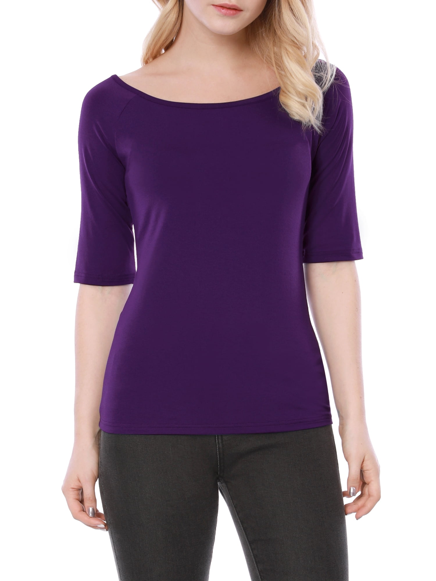 DARING DIVA Women's Slim Fit Pullover Boat Neck Stretchable T-Shirt L Dark Purple