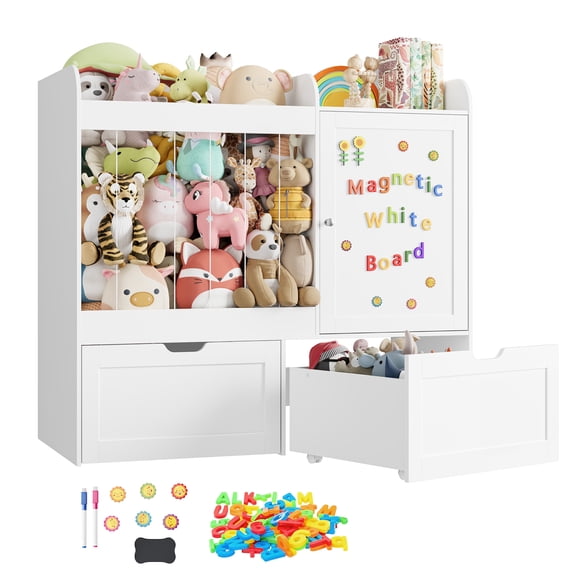 VortinT Toy Storage Organizer with Magnetic Drawing Board, Cube Storage, Movable Drawers, Wooden Bookcase for Kids Room Nursery Playroom, 40" White