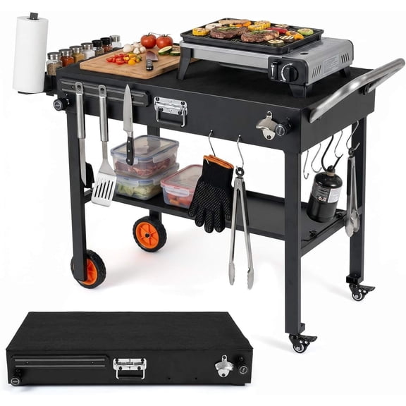 32"W x 18"D Folding Grill Cart for 17" & 22" Griddles, Portable BBQ Prep Table with Heat-Resistant Mat & Lockable Wheels