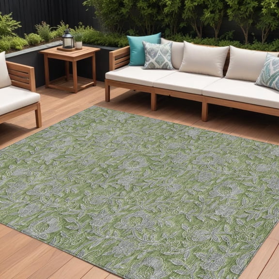 9' X 12' Olive Green And Gray Floral Washable Indoor Outdoor Area Rug