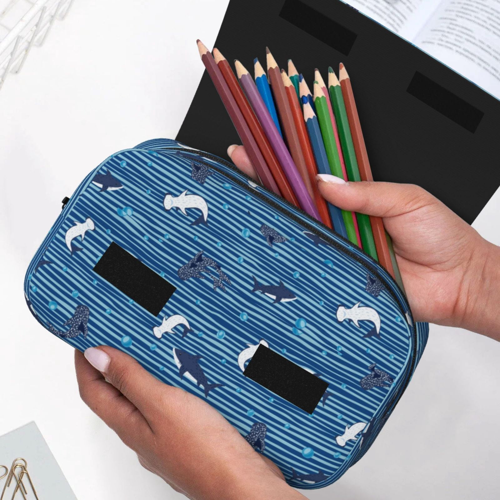 Rateoe Sharks on White Blue Striped Pattern Double Clamshell Pen Case, Storage Organizer with Two Zipper Compartments– Holds Up to 50 Pencils & Pens