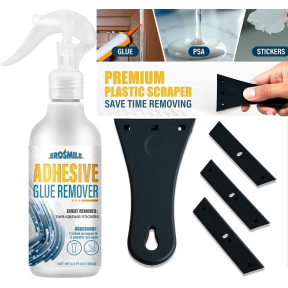 Adhesive Remover, Sticker & Glue Removal Spray Kit with Plastic Scraper, Quickly Removes Stickers, Labels, Glues, Grease for Window Wood and More - 3.3 fl oz