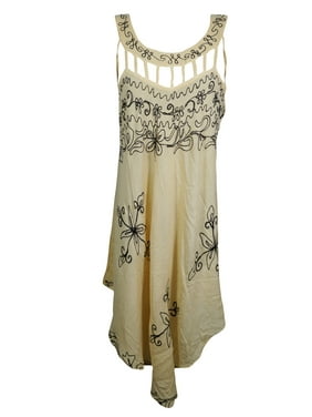 Mogul Gypsy Hippie Chic Summer Rayon Stylish Dress Floral Embroidered Beige Flared Boho Chic Sundress