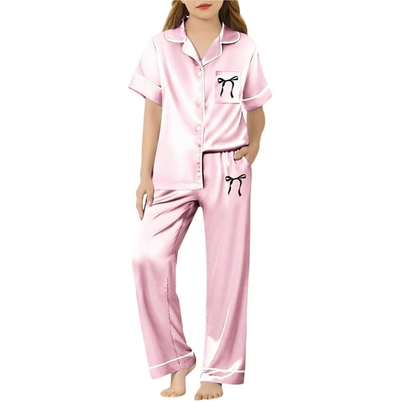 SonxaHe Big Girl's Silk Outfits Sleepwear Short Sleeve Shirt Pants Kids Comfy Loose Loungewear Nightwear Outfits Pink,Sized 13-14