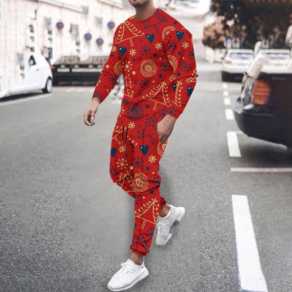 BiZtdJrK Christmas 2 Piece Sets for Men Novelty Print Big and Tall Pullover Tops Matching Casual Drawstring Waist Sweatpants with Pockets Jogger Sport Outfits Todays Daily Sales Red L