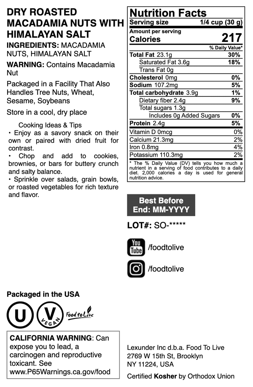 Dry Roasted Macadamia Nuts with Himalayan Salt, 1 Pound — Vegan — by Food to Live