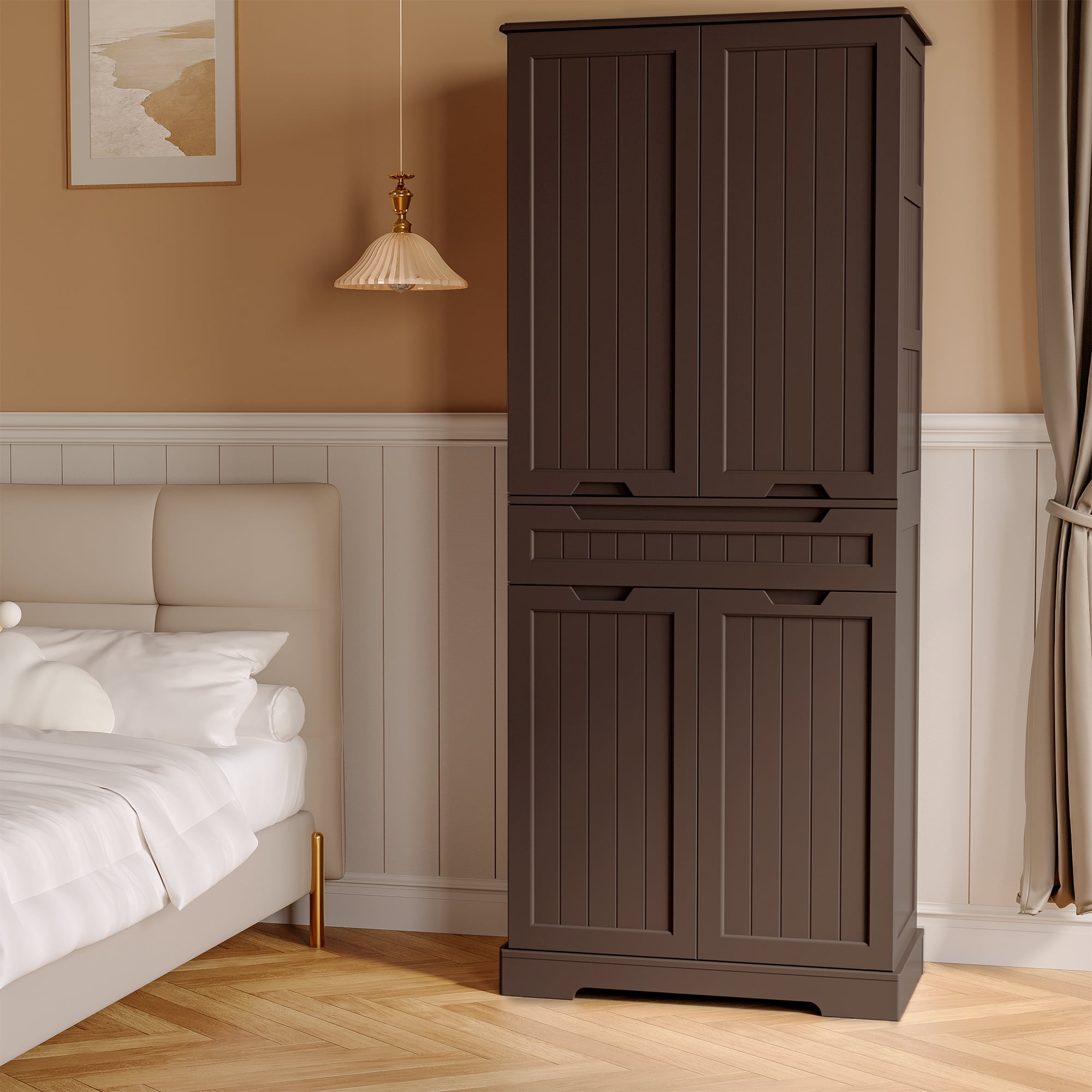 Pantry Cabinet Clearance, Lofka 71" Large Kitchen Storage Cabinet with Adjustable Shelves & Anti-Tip Design, 4 Doors, 12 Shelves, 1 Drawer, Dark Brown