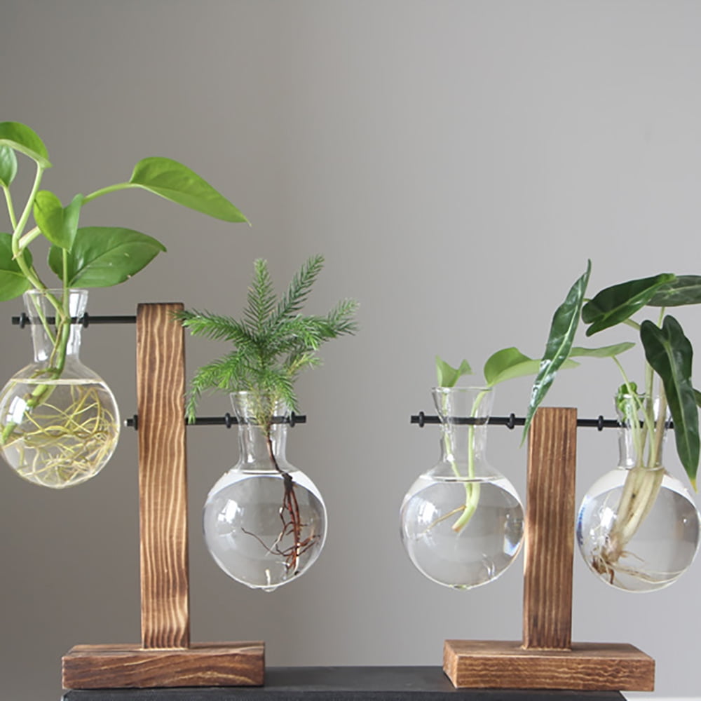Water Planting Glass Vase,Clear Glass Vase Hanging Plant Terrarium with Retro Solid Wooden Stand for Hydroponics Plants Home Garden 