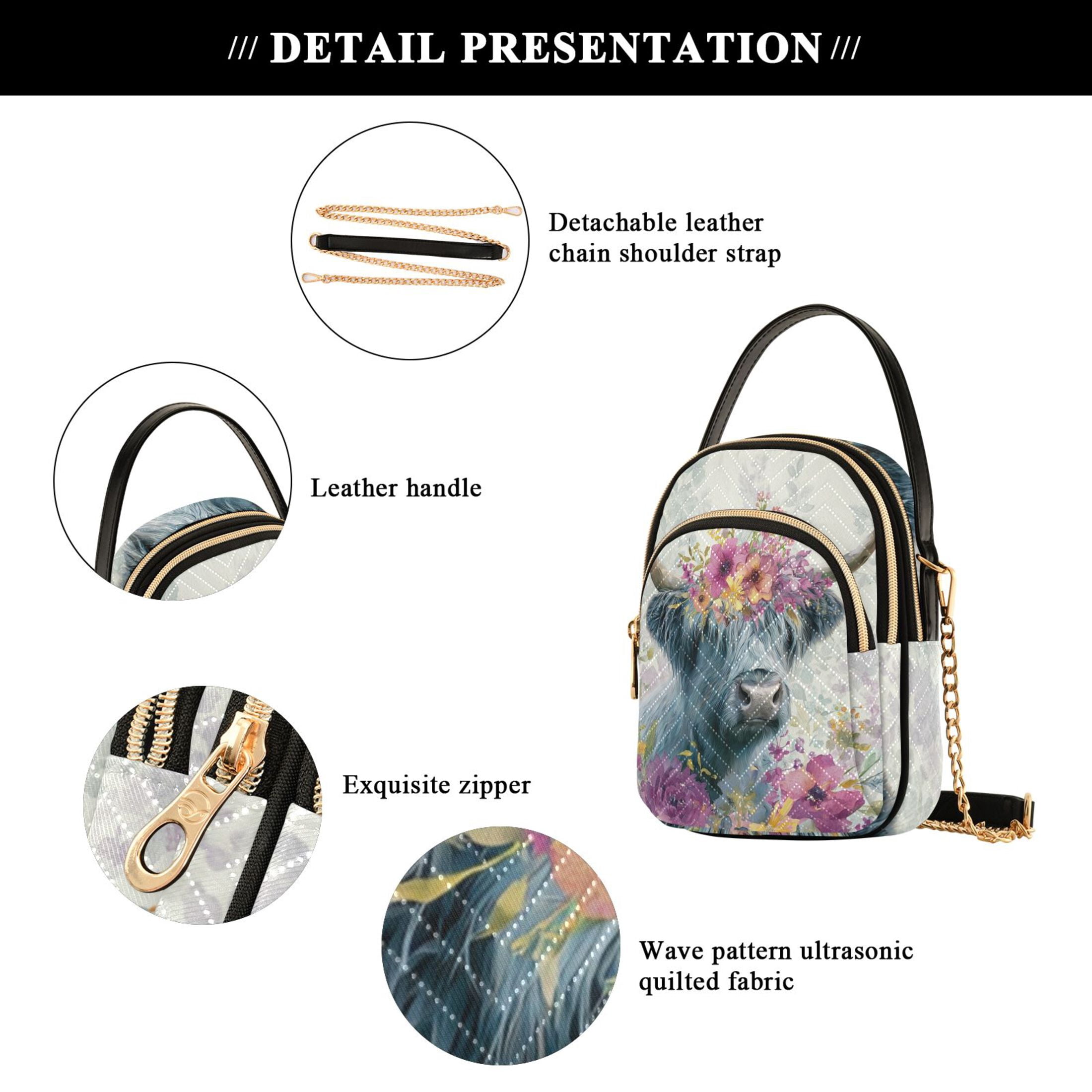 Quilted Women's Crossbody Bag Purses and Handbags with Detachable Leather Strap Highland Cow with Wildflowers