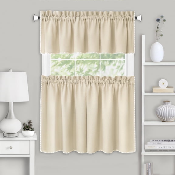 PowerSellerUSA Semi-Sheer Tailored Window Curtains, Modern Shell Stitched Embroidery for Kitchen, Livingroom and Bedroom, Rod Pocket Top, 36" Tier Valance Set