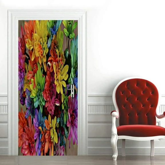 Colorful Flowers Door Sticker Oil Painting Red Lotus Door Decals Self-adhesive Diablo Style Floral M