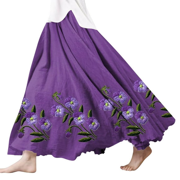 SNOWSONG Fall Skirts for Women 2024 Clearance! Women's Fashion Linen Scalloped Hem Floral Printed Half-Length Skirt, Midi Skirts, Boho Skirts, Floral Skirt 1PC half skirt Purple 2XL