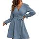 thumbnail image 1 of Vestido de cuello en V Color puro Globo Manga larga Fibra de poliéster Casual Vestido con cinturón para compras diarias Azul S, 1 of 6