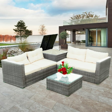Patio Wicker Sectional Sofa Set 4 Piece Outdoor Conversation Set with Storage Ottoman All-Weather Wicker Patio Furniture with Cushions and Table for Backyard Porch Garden Poolside L4523