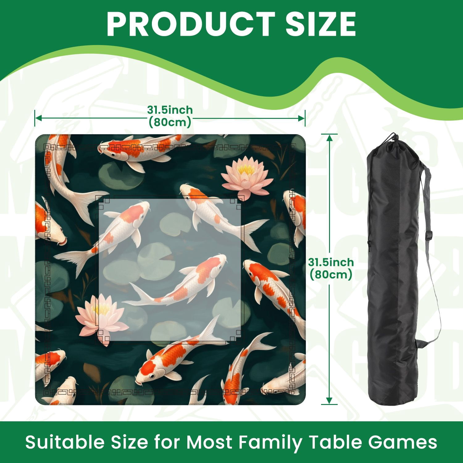 Mahjong Mat 31.5" x 31.5" Seamless fishes lotus Non-Slip Noise Reduction American Mahjong Tiles Table Cover for Dominoes Poker Card Board Games Gift