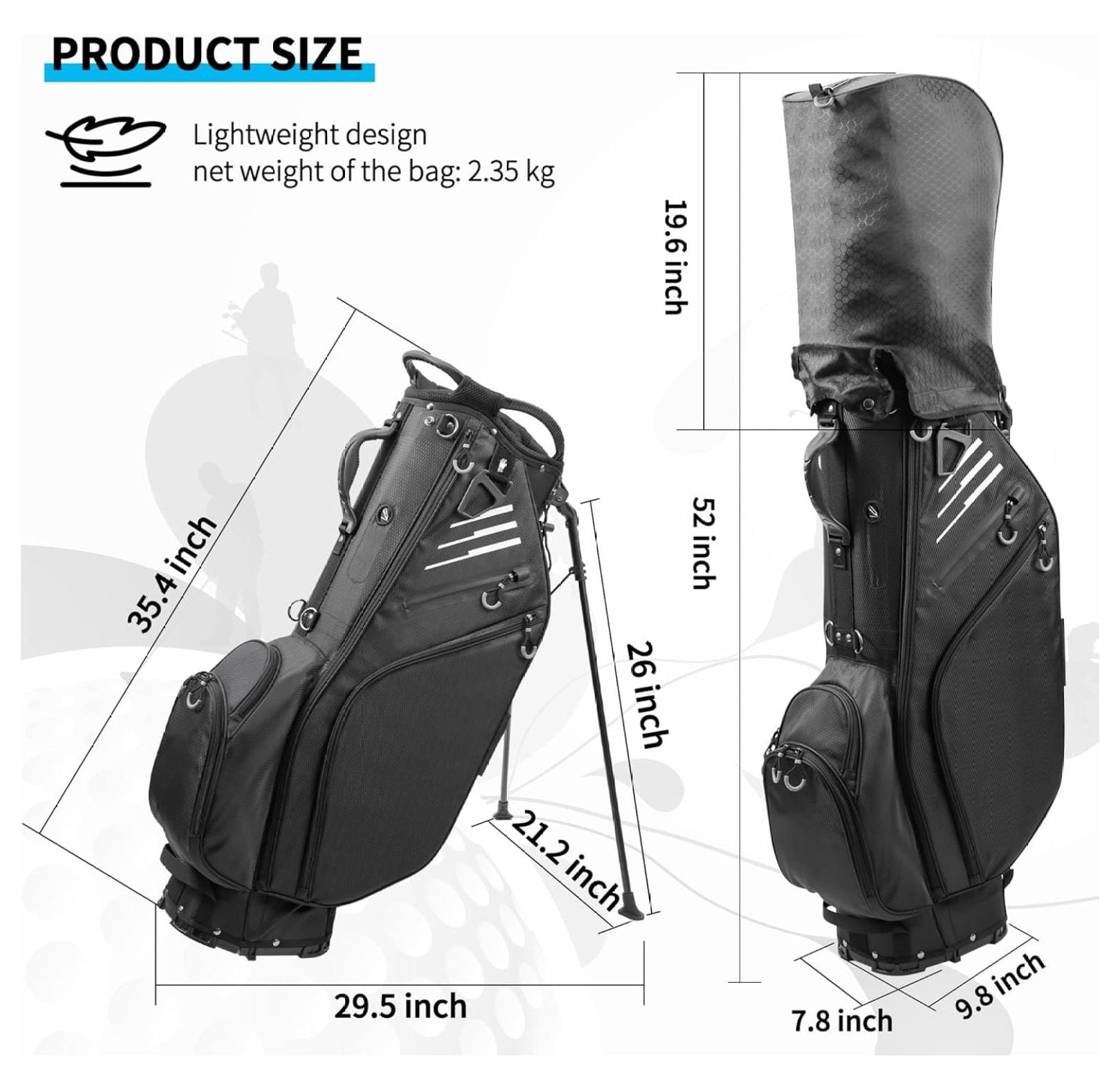 Golf Stand Bag 14 Way Full-Length Dividers with Stand, Lightweight Waterproof Golf Bag, 8 Pockets, Cooler Pouch,Golf Club Bag for Men, Dual Strap, Rain Hood, Black