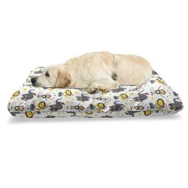 Circus Pet Bed, Doodle Design of Juggler Monkey and Lion Passing Through Ring Theme, Chew Resistant Pad for Dogs and Cats Cushion with Removable Cover, 24" x 39", Multicolor, by Ambesonne