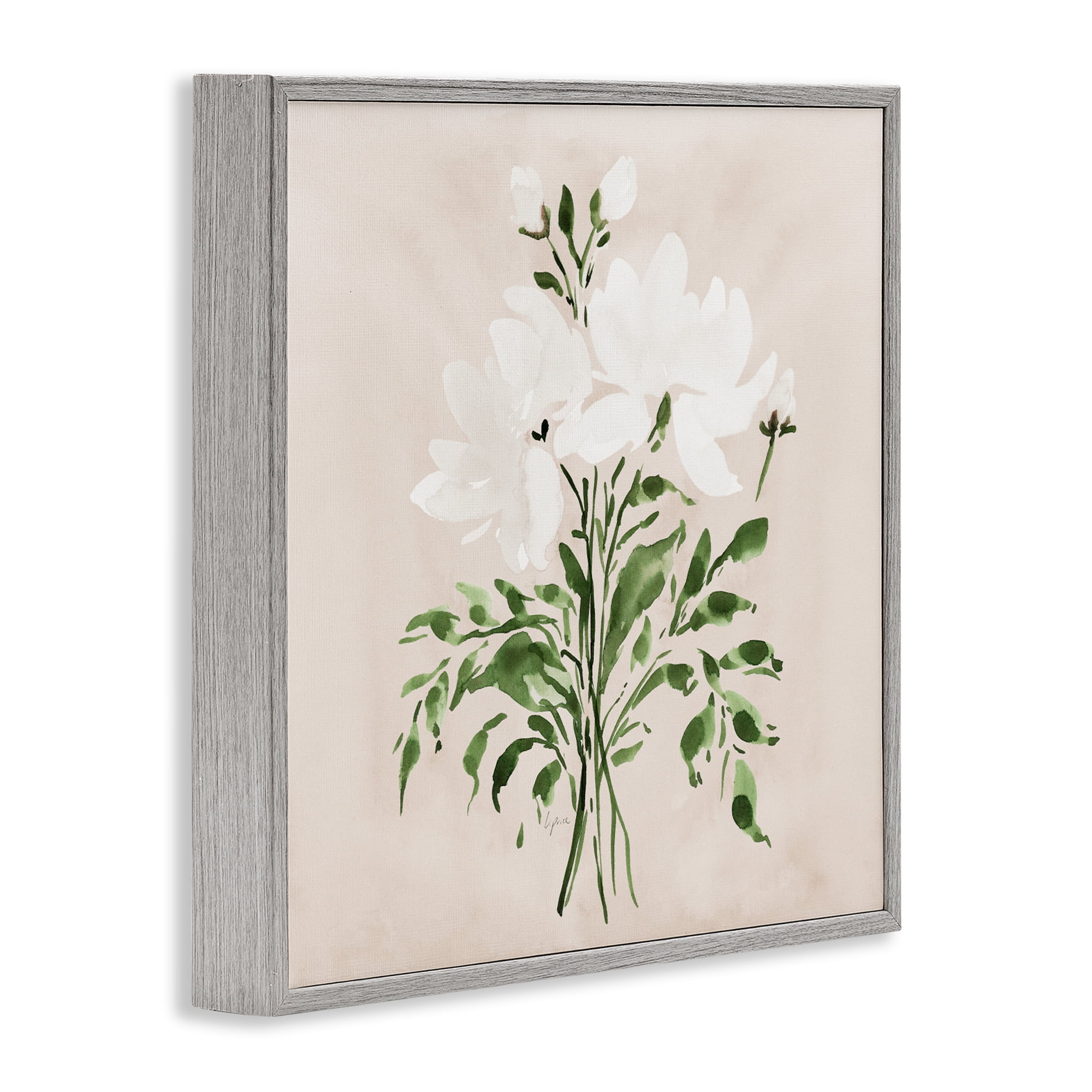 Stupell Industries White On Tan Floral Gray Framed Giclee Art, design by Lucille Price