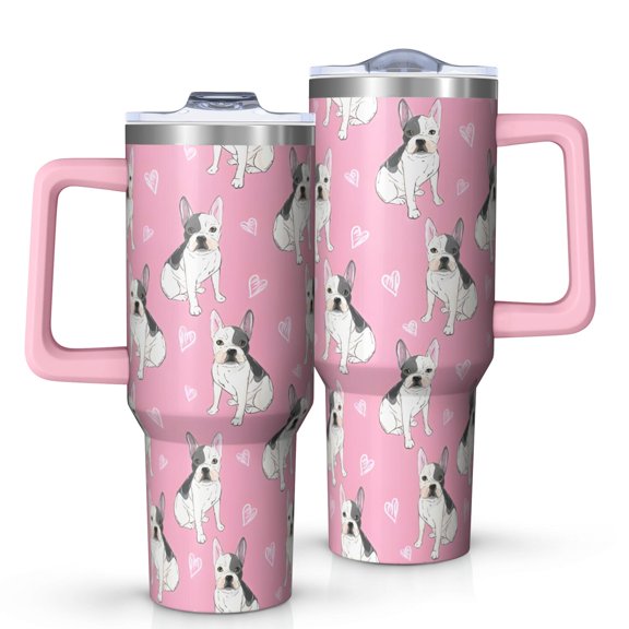 OBREWU Pink French Bulldog Love Heart Tumbler with Handle and Lid,Pink French Bulldog Love Heart 40oz Double Wall Vacuum Insulated Tumbler,Cups Gift for Women and Men