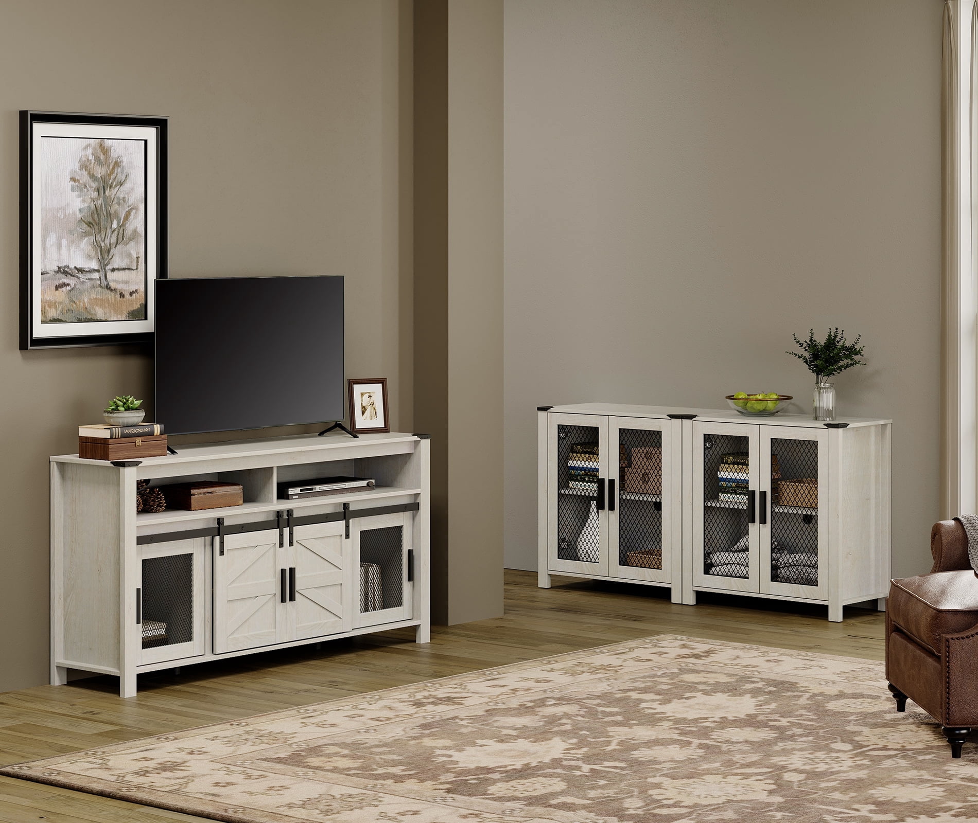WAMPAT 2 in 1 TV Stand set for ups to 100 inch TV,Farmhouse Entertainment Center with Sliding Barn Door,Media TV Console Table with Adjustable Shelf for Living Room Bedroom，Antique White