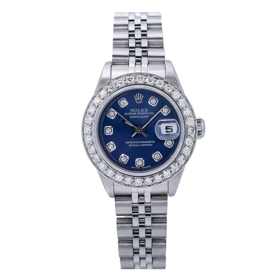 Pre-Owned Rolex Lady-Datejust 69174 26mm Blue Diamond Dial Stainless Steel Bracelet Watch (0.90 CT Aftermarket Diamonds)