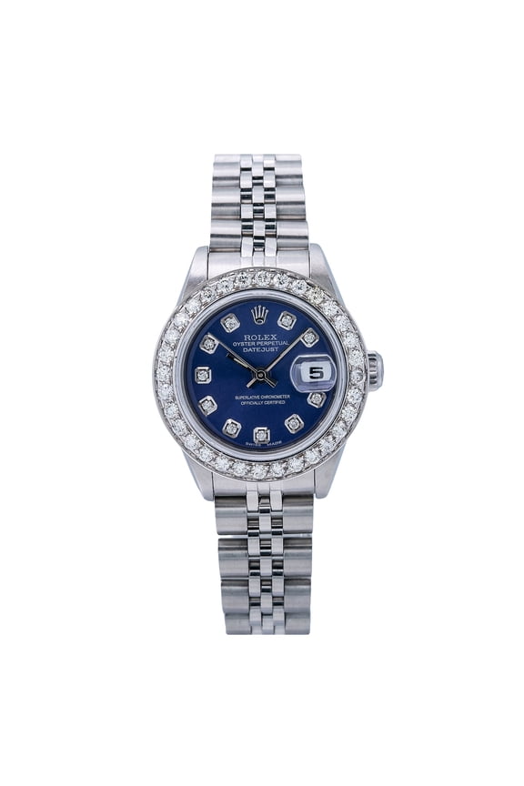 Pre-Owned Rolex Lady-Datejust 69174 26mm Blue Diamond Dial Stainless Steel Bracelet Watch (0.90 CT Aftermarket Diamonds)