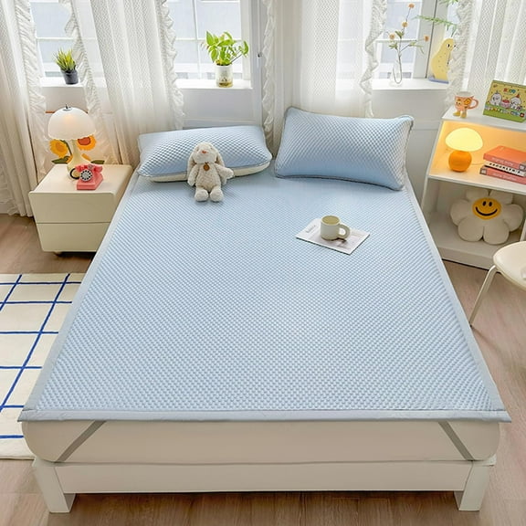 Bed Sheets Protector Pad Bed Cover with 4 Corner Straps Ice Silk Bean Mattress Topper Summer Foldable Thin Mattress Cover Student Dormitory Hotel,blue,1.8x2.0m king ﻿