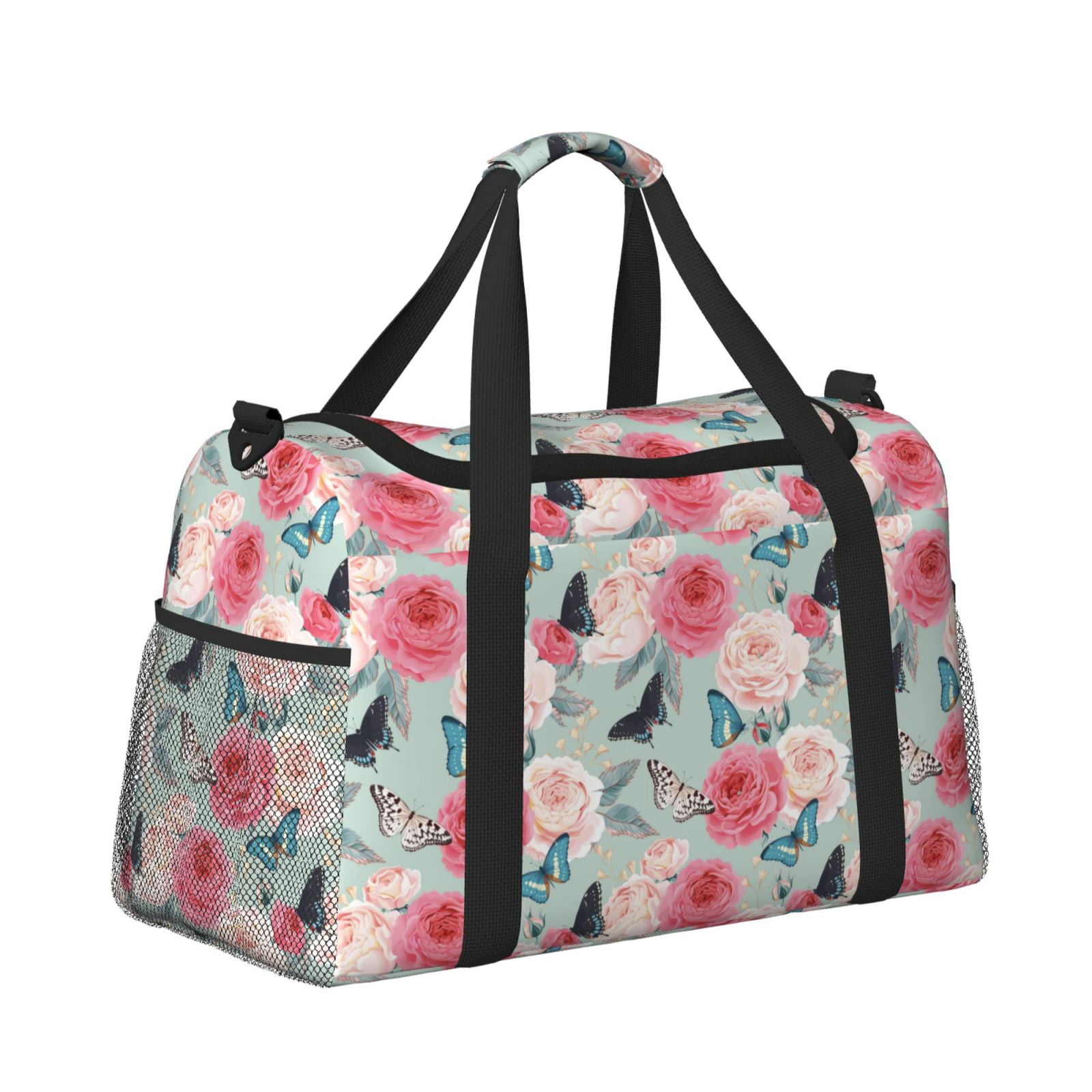 Fuzoiu Roses and Butterflies Print Travel Duffle Bag,Carry On Tote Bags,Duffel Bag,Sport Gym Bag, Hospital Bag for Labor and Delivery, Overnight Bag,Luggage Bag