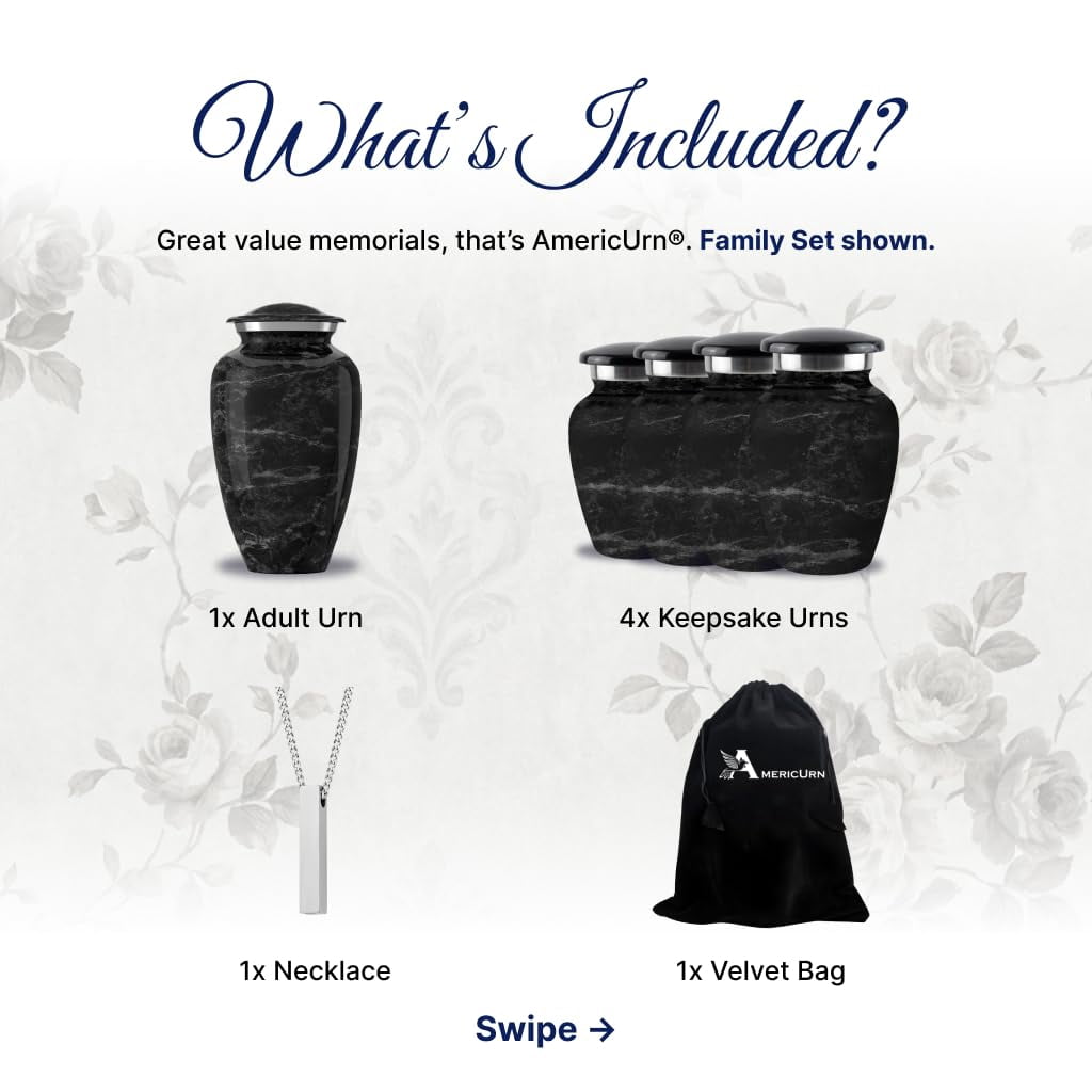 Set of 6 Cremation Urns for Human Ashes Includes 1 Large Urn with 4 Small Keepsakes & 1 Silver Necklace - Black Marble