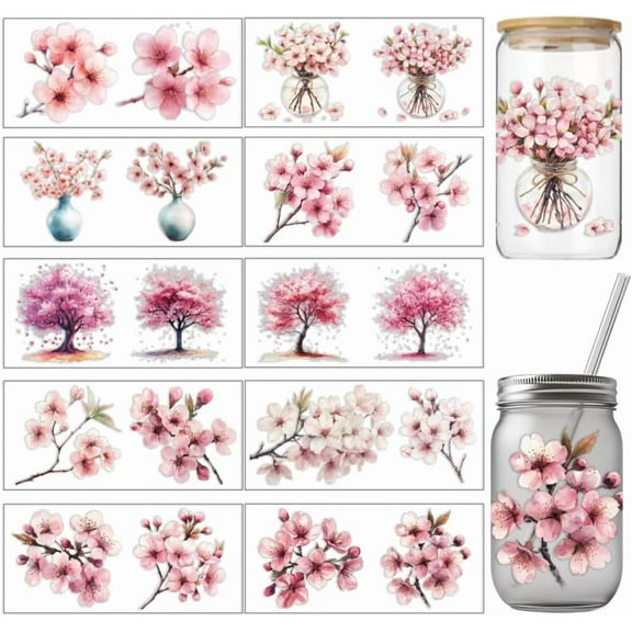 10 Pcs Spring Theme UV DTF Cup Wrap Transfer Sticker 10 Styles Cherry Blossom Rub on Stickers PVC Cup Wrap Waterproof Rub Decals for 16 OZ Glass Cups 9.4x4.3inch colorful DIY