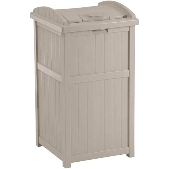 MY 33 Gallon Hideaway Trash Can for Patio, Resin Outdoor Trash Bin with Lid, Durable Waste Container for Backyard, Deck, or Patio, Taupe